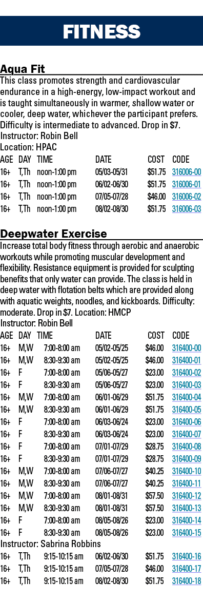 FITNESS Aqua Fit This class promotes strength and cardiovascular endurance in a high-energy, low-impact workout and i   