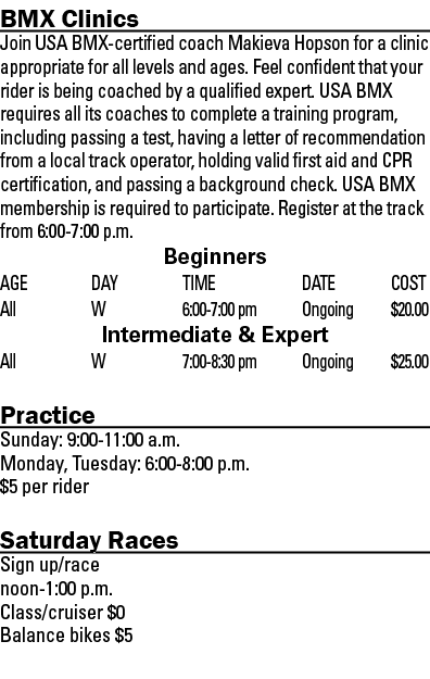 BMX Clinics Join USA BMX-certified coach Makieva Hopson for a clinic appropriate for all levels and ages  Feel confid   